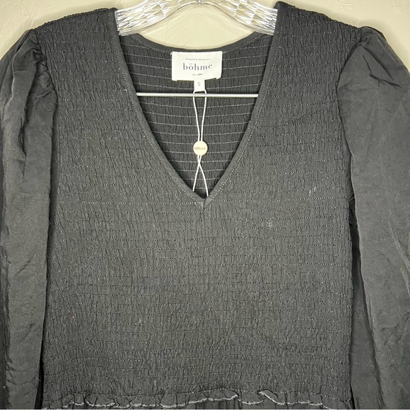 Bohme Black Tencel Smocked Tiered Long Sleeve V-Neck MIDI Dress - Picture 4 of 11